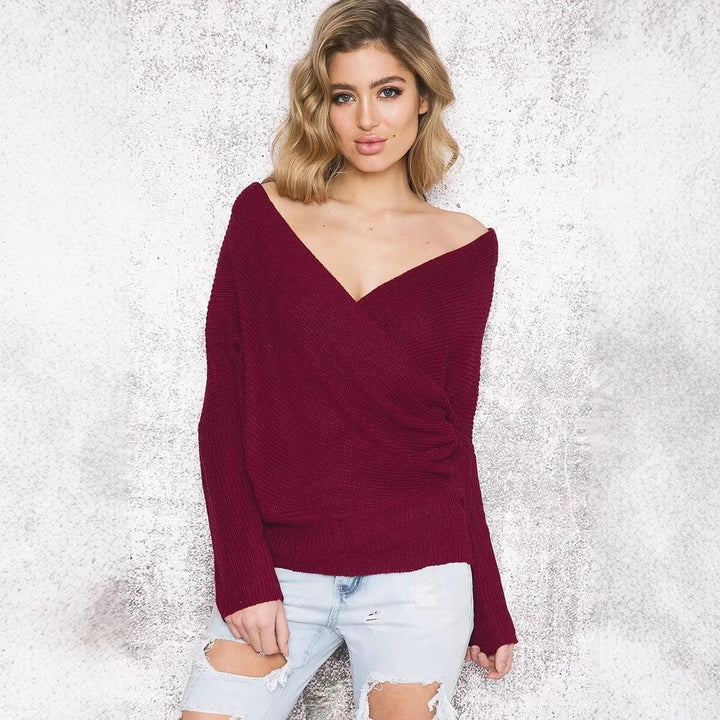 Damen Wickelpullover mit offenem Design und tiefem Ausschnitt Drune