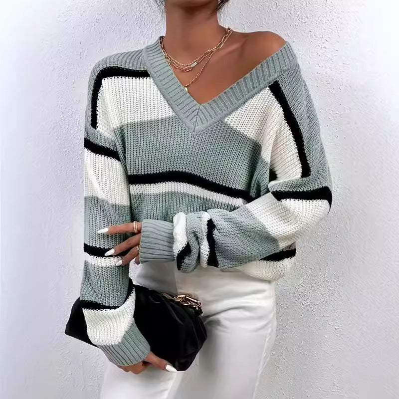Damen modischer V-Ausschnitt Strickpullover mit breiten Streifen Drune