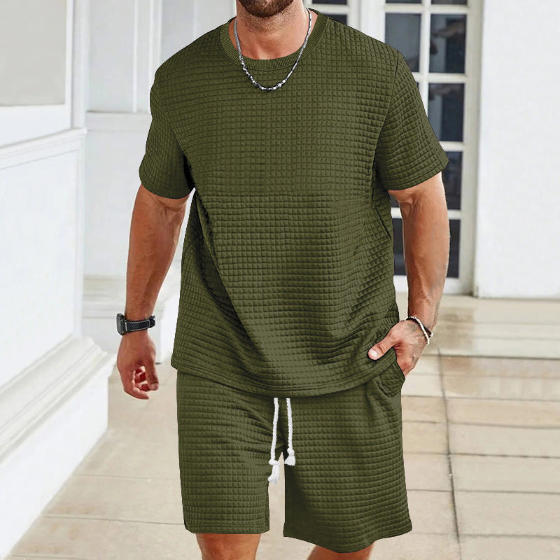 Herren nan Waffelstruktur Wohn- und Freizeit-Set mit weit geschnittenem Kurzarmshirt und kurzer Hose mit elastischem Bund Drune