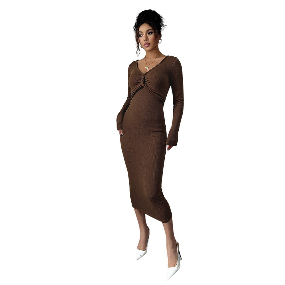 Damen figurbetontes Jersey-Midikleid mit Twist-Detail und langen Ärmeln Drune