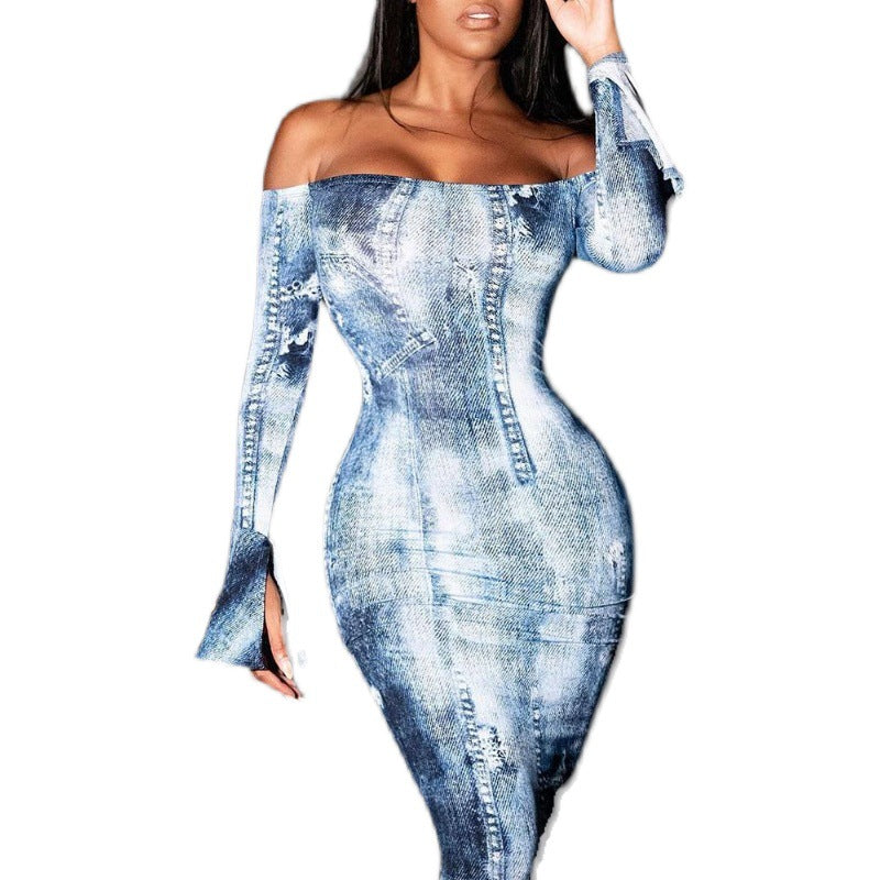 Damen Glamouröses Off-Shoulder Kleid mit Schlangenmuster Drune