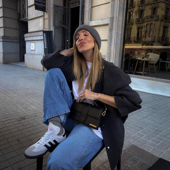 Damen Oversized Wolljacke mit knopflosem Design und weichem Innenfutter Drune