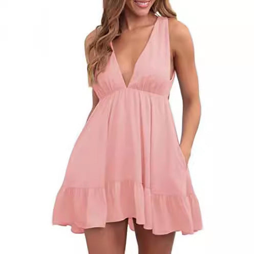 Damen lässiges Minikleid mit V-Ausschnitt und Rüschendetails Drune