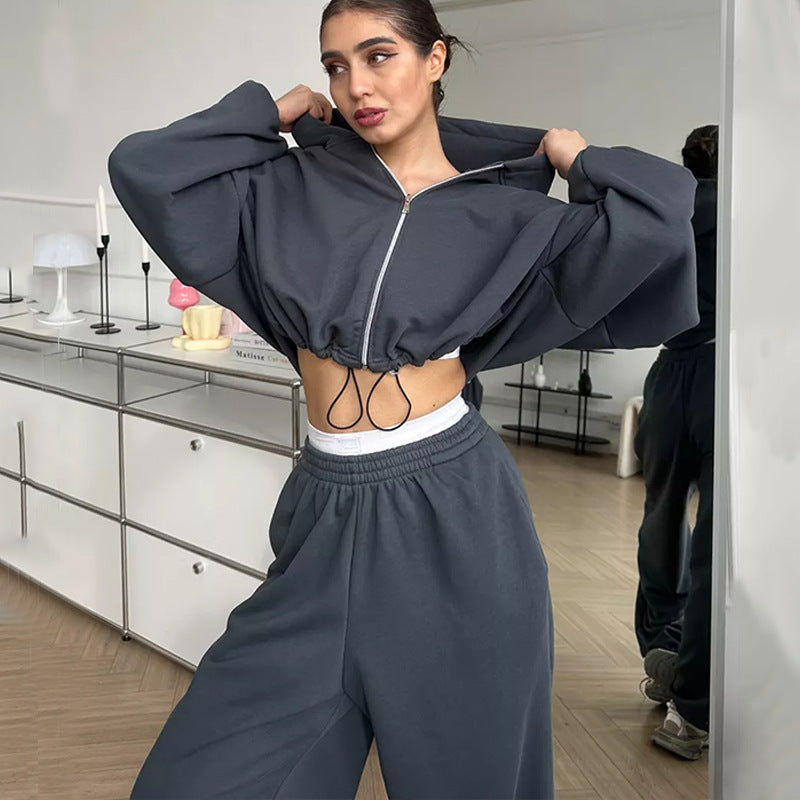 Damen nan cropped Reißverschluss-Hoodie mit Tunnelzugsaum und weitem Sweatpants-Schnitt Drune