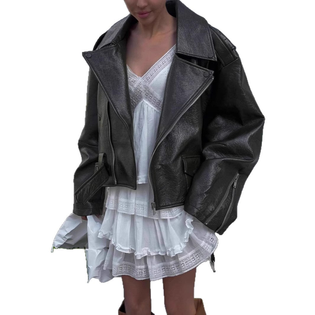Damen Oversized Kunstlederjacke mit asymmetrischem Reißverschluss Drune