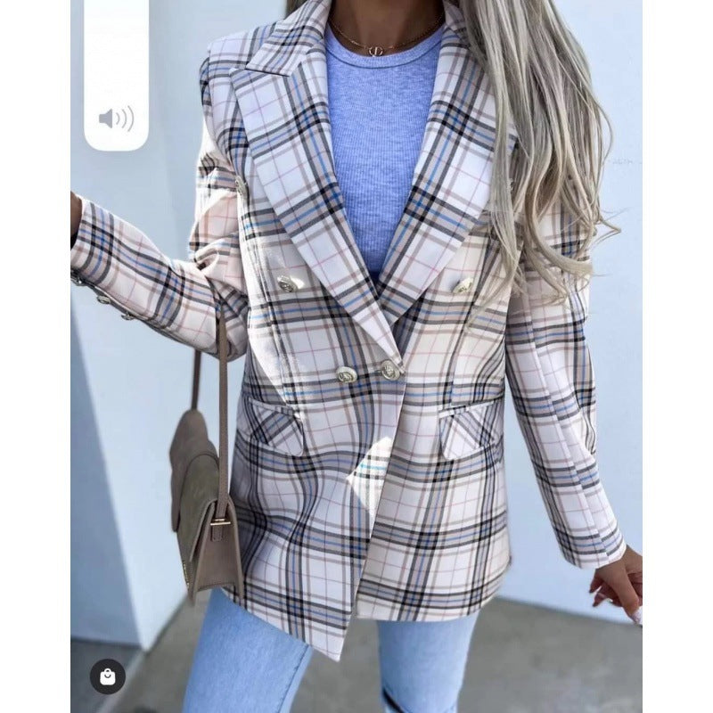Damen Karierter Blazer mit doppelter Knopfreihe und eleganten Details Drune