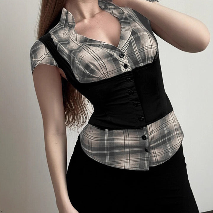 Damen karierte Bluse mit figurbetonendem Schnitt und stylishen Akzenten Drune