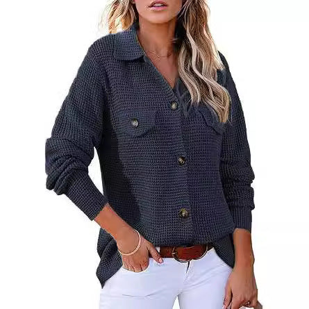 Damen modischer Waffle-Pullover mit Knöpfen Drune