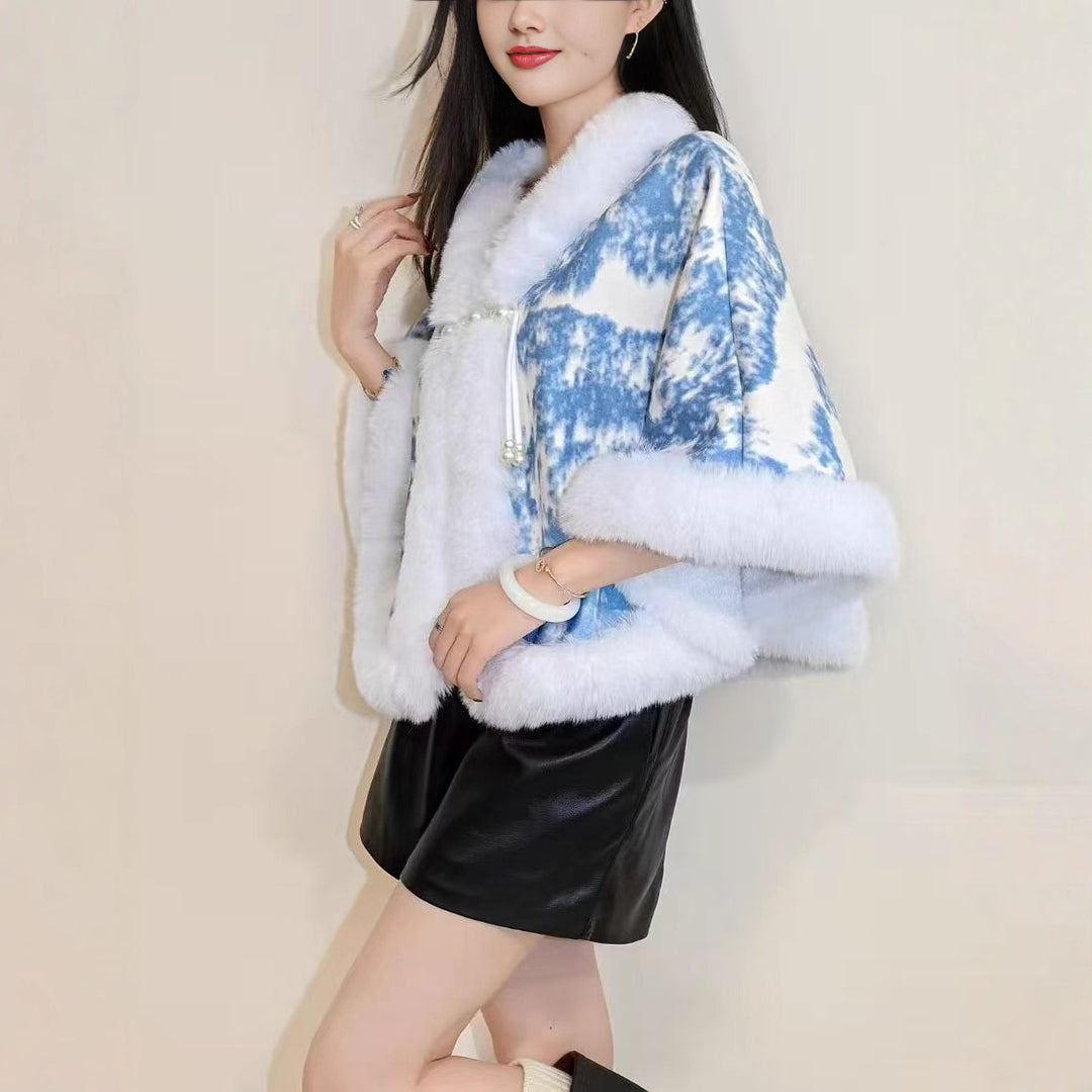 Damen elegante Kuscheljacke mit luxuriösem Fellkragen Drune