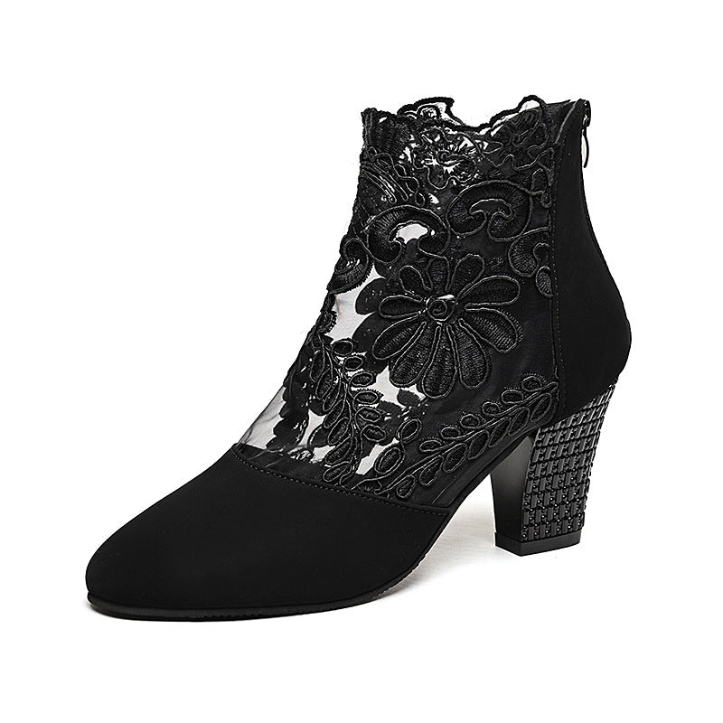 Damen nan elegante Spitzen-Stiefelette mit floralem Mesh-Einsatz, Reißverschluss und verzierendem Blockabsatz Drune