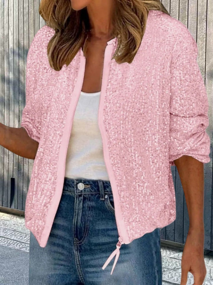 Damen modische Glitzerjacke im sportlichen Schnitt mit Reißverschluss und seitlichen Taschen Drune