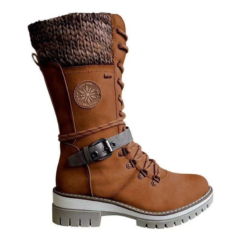 Damen nan gefütterte Schnürstiefel mit gestricktem Schaftbund, dekorativem Schnallenriemen und profilierter Gummisohle Drune