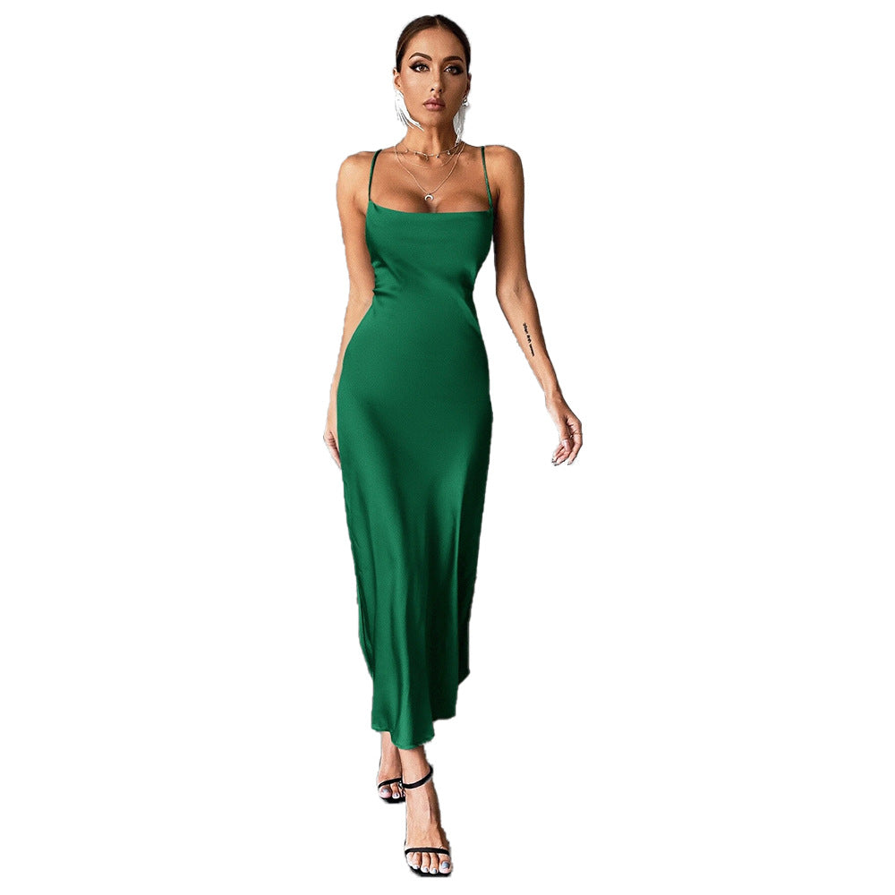 Damen elegantes Satin-Maxikleid mit Spaghetti-Trägern und fließendem Schnitt Drune
