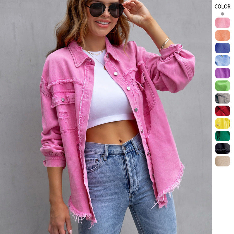 Damen nan oversized Utility-Denim-Hemdjacke mit Fransenbesatz und aufgesetzten Pattentaschen Drune