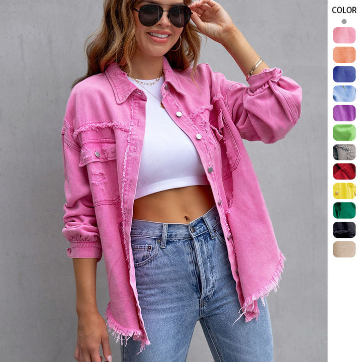Damen nan oversized Utility-Denim-Hemdjacke mit Fransenbesatz und aufgesetzten Pattentaschen Drune