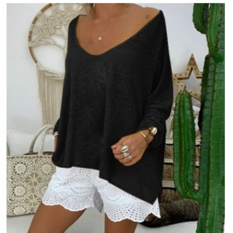 Damen lässiges Oversize-Shirt mit tiefem V-Ausschnitt und langen Ärmeln Drune