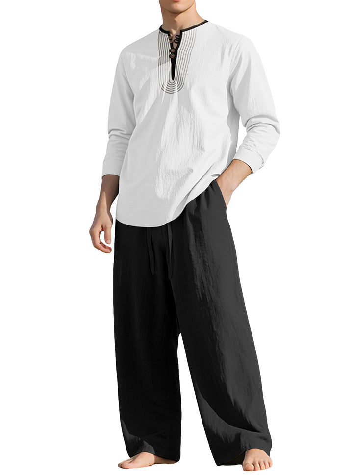 Herren nan Tunika- und Palazzohose-Set mit Henley-Blende, Zierstickerei und weitem Schnitt Drune