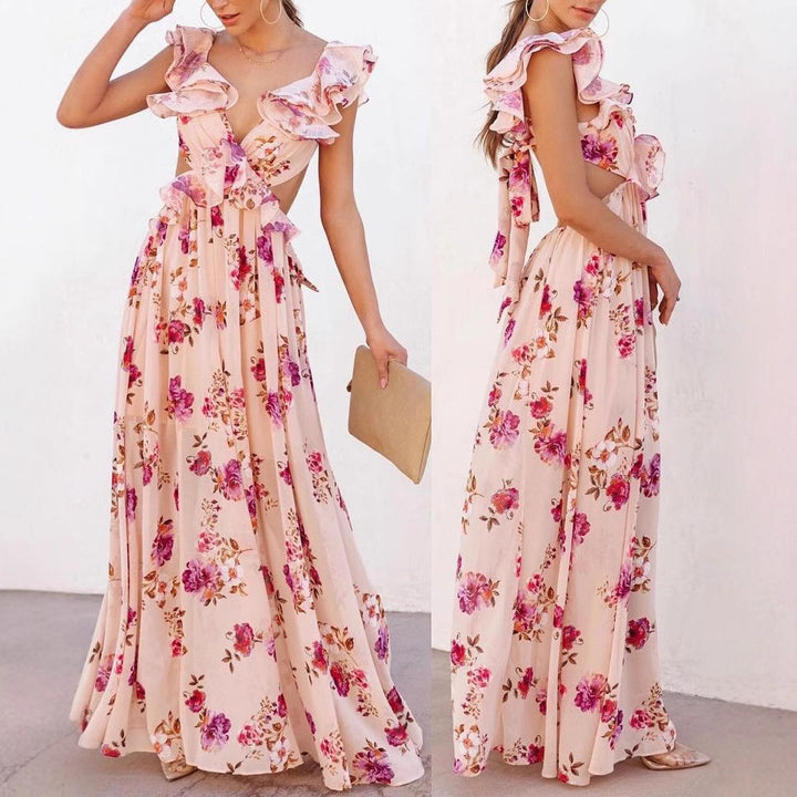 Damen Maxikleid mit floralen Rüschendetails und elegantem V-Ausschnitt Drune