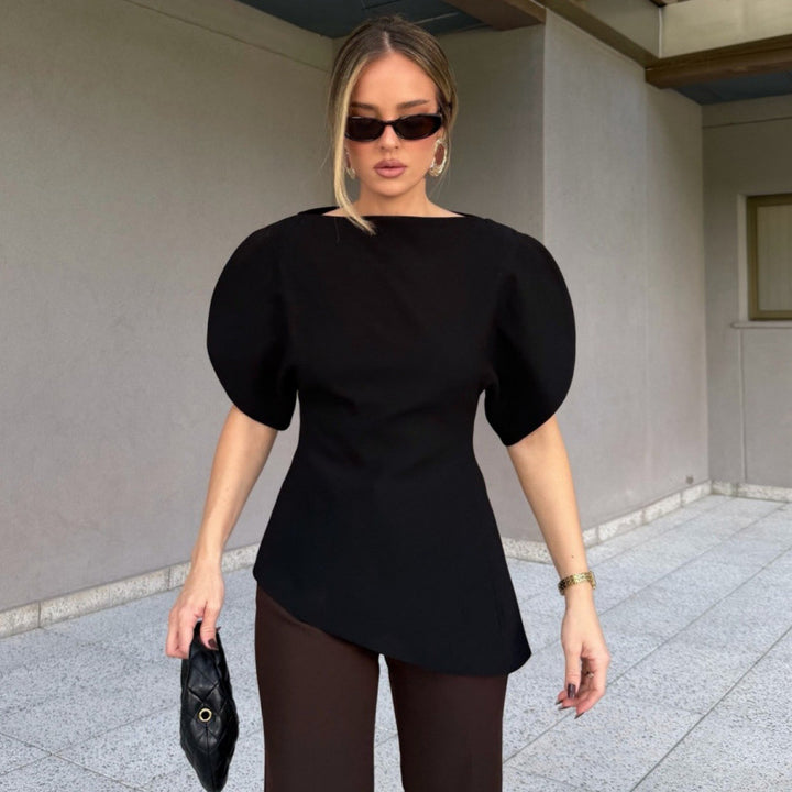 Damen Bluse mit voluminösen Puffärmeln und asymmetrischem Saum Drune