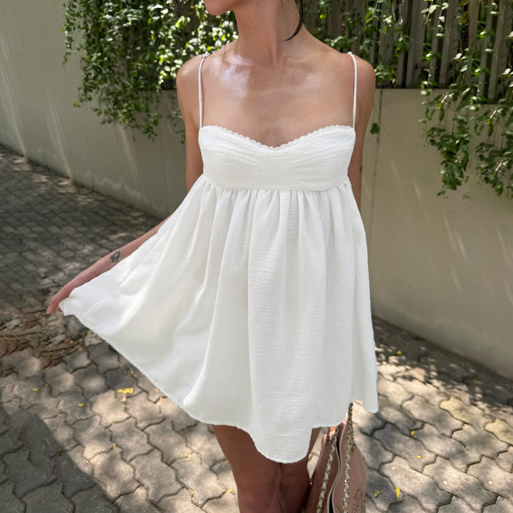 Damen luftiges Babydoll-Kleid mit feinen Trägern und fließendem Schnitt Drune