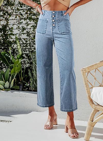 Damen Hochgeschnittene Denim-Hose mit Knopfverschluss und weitem Bein Drune