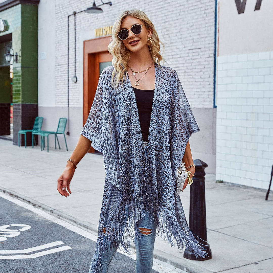Damen Eleganter Fransen-Poncho mit Leopardenmotiv Drune