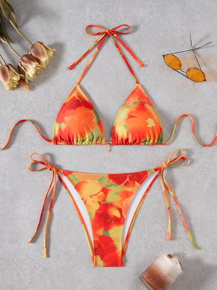 Damen Triangel-Bikini mit floralem Design und verstellbaren Bindebändern Drune