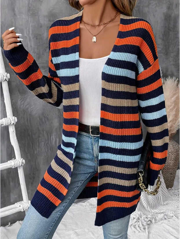Damen Lässige Strickjacke mit farbenfrohem Streifenmuster Drune