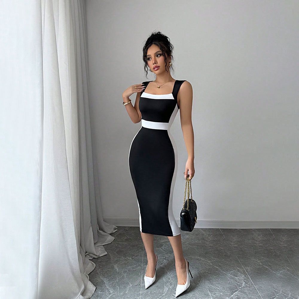 Damen figurbetontes Midi-Kleid mit modischem Kontrastschnitt und schmalen Trägern Drune