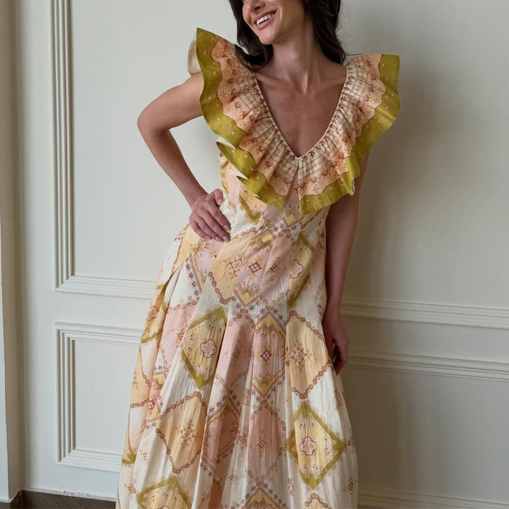 Damen Maxikleid mit voluminösen Rüschendetails und elegantem V-Ausschnitt Drune