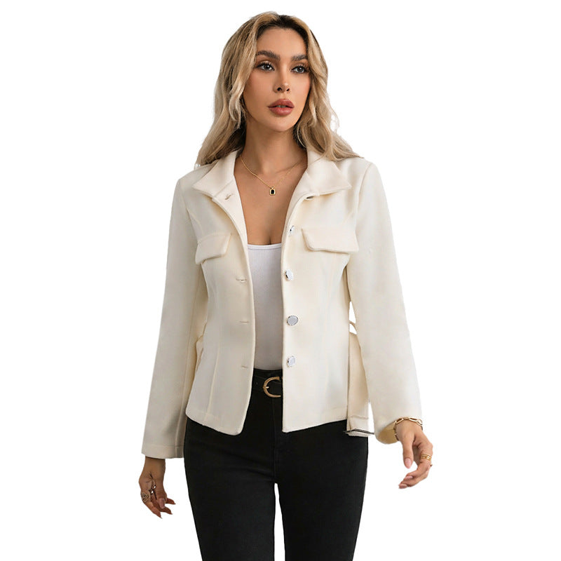 Damen elegante Blazerjacke mit Gürtel und aufgesetzten Taschen Drune