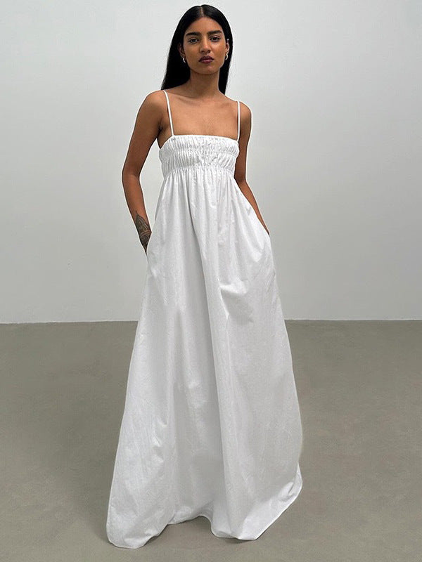 Damen Maxi-Kleid mit gerafftem Oberteil und seitlichen Taschen Drune