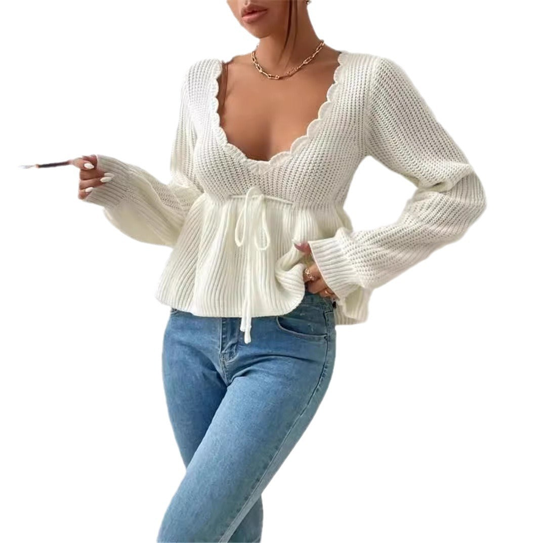 Damen Strickpullover mit dekorativem Rundhalsausschnitt und Kordelzug Drune