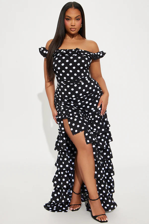 Damen Off-Shoulder Maxikleid mit Rüschen und aufregendem Schlitz Drune
