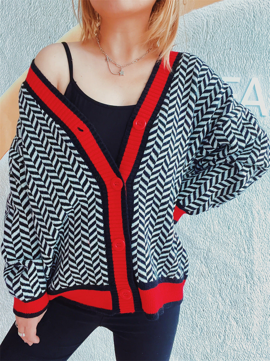 Damen Übergroße Strickjacke mit auffälligem Zickzackmuster und bunten Knöpfen Drune