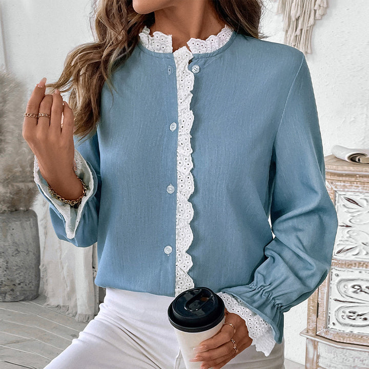 Damen elegante Bluse mit Rüschen und Knopfdetail Drune