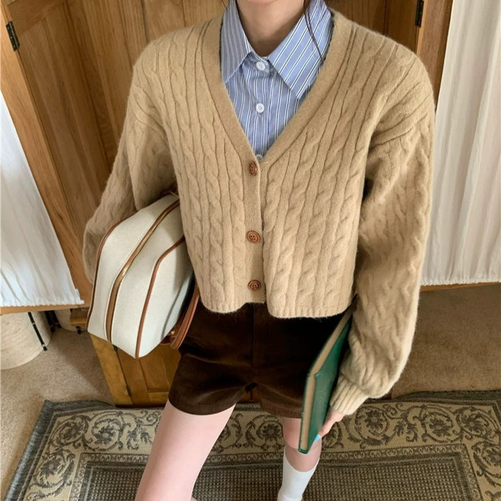 Damen lockerer Strickcardigan mit Zopfmuster und Knopfverschluss Drune