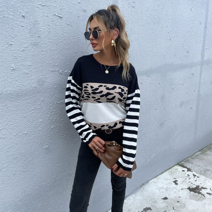 Damen lässiger Pullover mit gestreiften Ärmeln und Animal-Print Drune