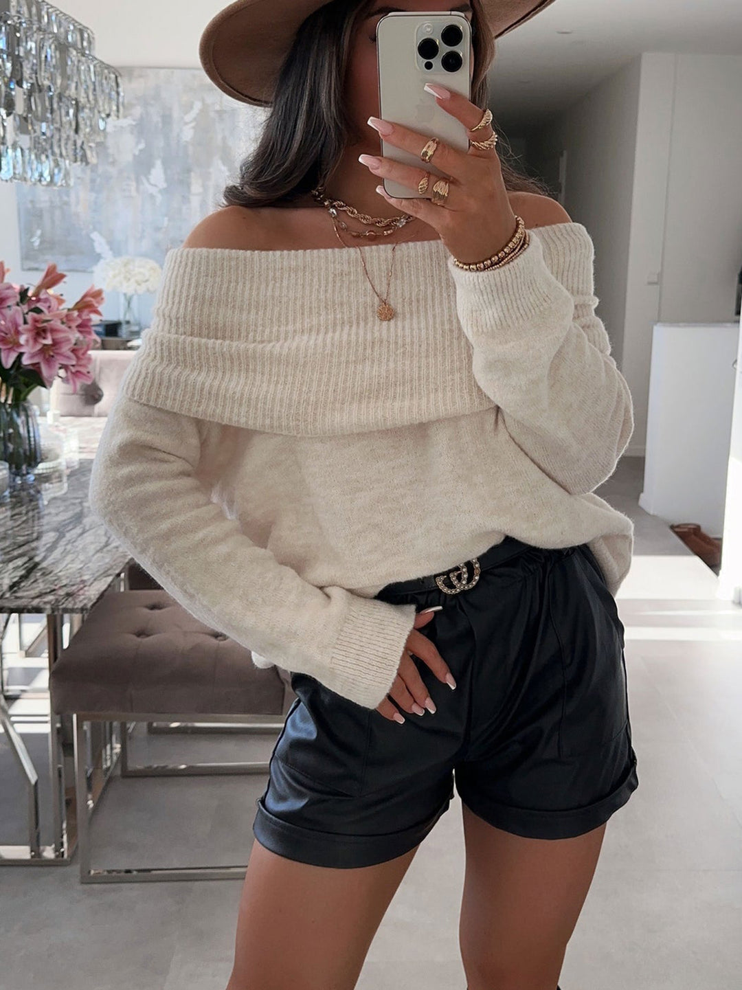 Damen lässiger Off-Shoulder Pullover mit Rippenstruktur Drune