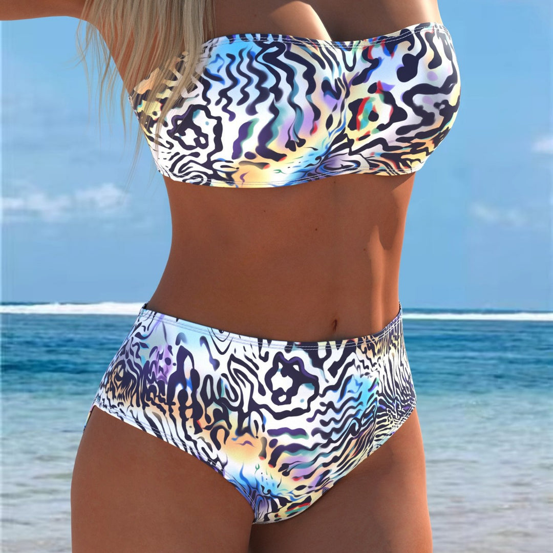 Damen Bandeau-Bikini-Set mit hohem Schnitt und dynamischem Wellenmuster Drune