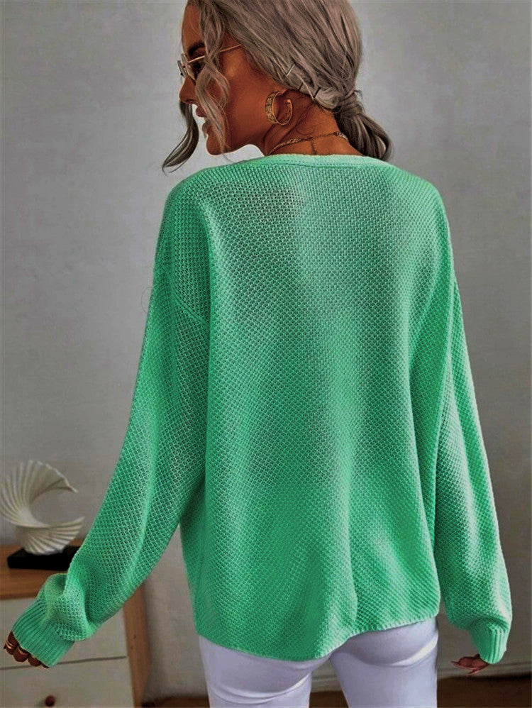 Damen lässiger Off-Shoulder Pullover mit tiefem V-Ausschnitt und strukturiertem Strickmuster Drune