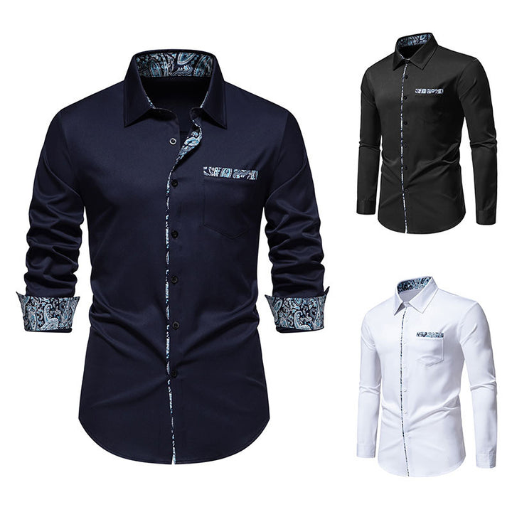 Herren nan elegantes schmal geschnittenes Hemd mit Paisley-Kontrastbesatz an Kragenleiste Manschetten und Brusttasche Drune