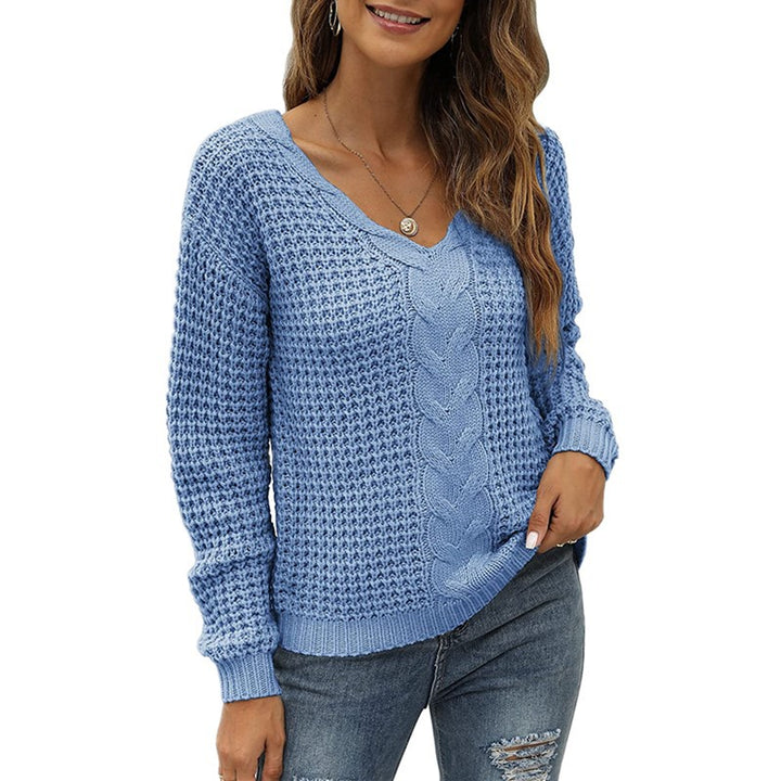 Damen lässiger Strickpullover mit tiefem V-Ausschnitt und detailliertem Zopfmuster Drune