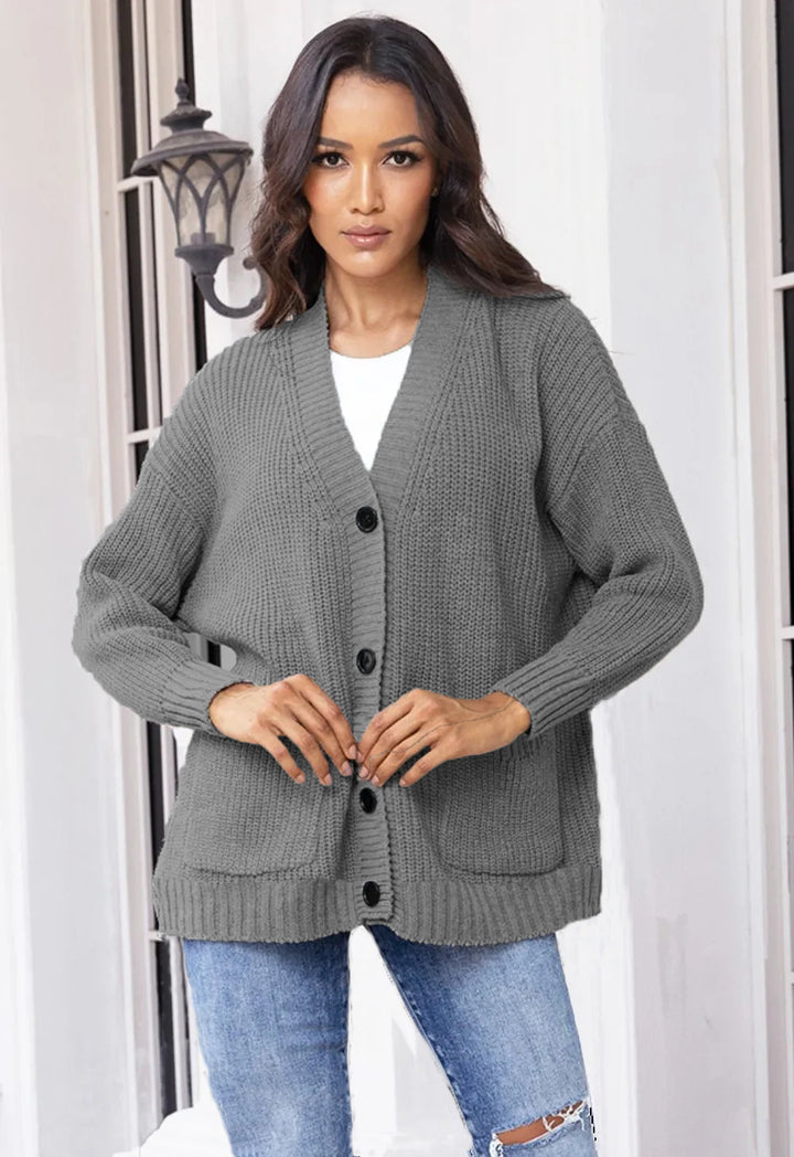 Damen Grobstrickjacke mit großen Taschen und modernem Knopfdesign Drune
