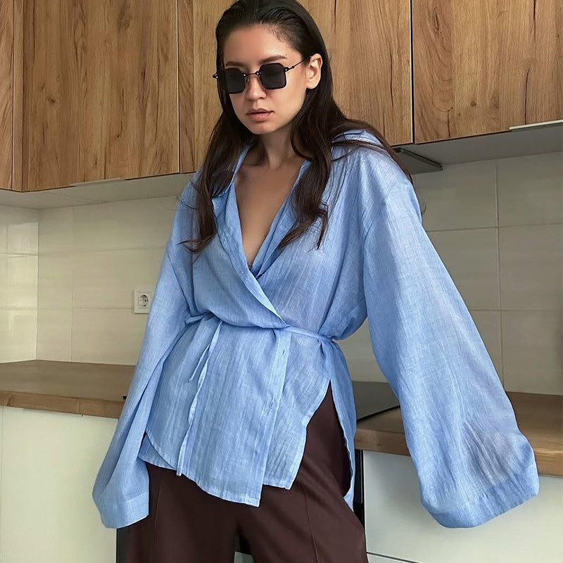 Damen lässige Leinenbluse mit bindbarem Gürtel Drune
