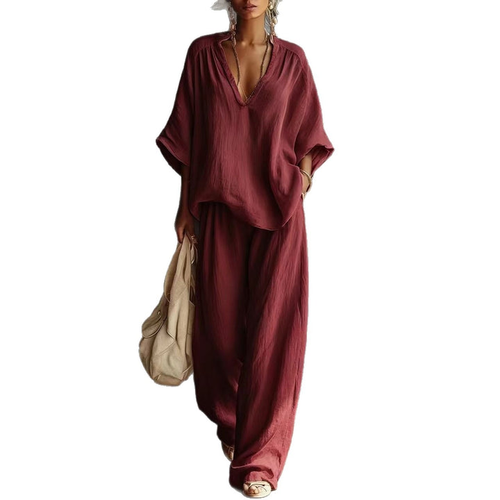 Damen nan lässiges zweiteiliges Leinenoptik-Set mit tiefem V-Ausschnitt, Oversize-Bluse und weitem Palazzo-Hosen Drune
