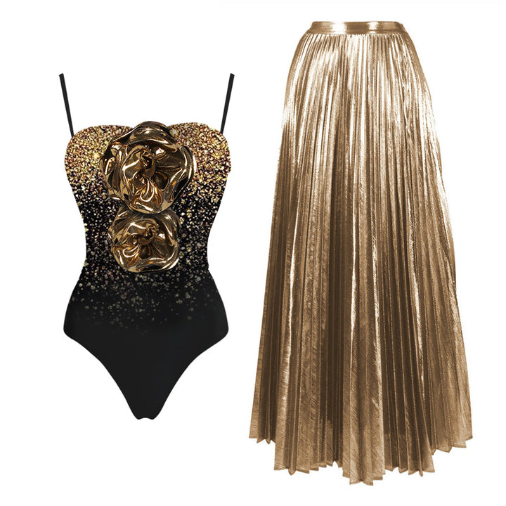 Damen Elegantes Glitzerndes Badeanzug- und Rock-Set Drune
