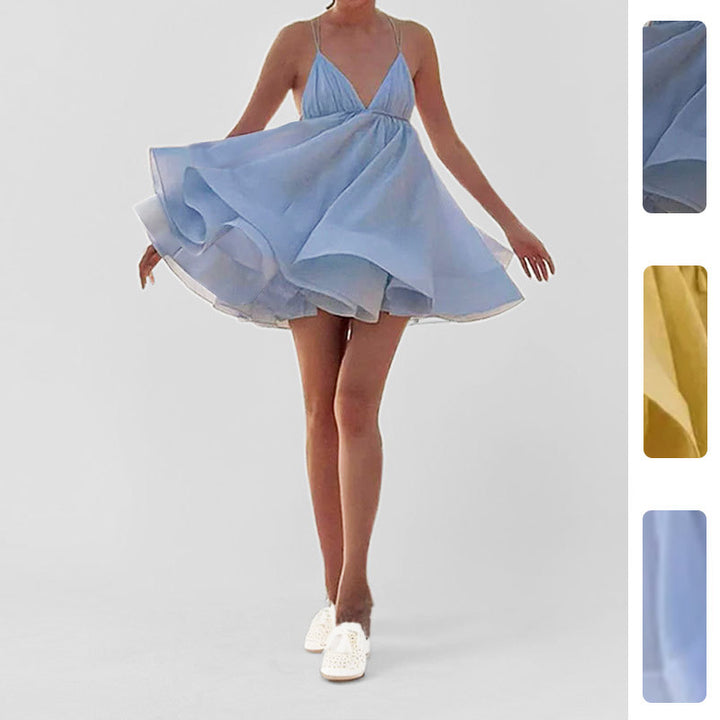 Damen Sommerliches Freizeitkleid mit tiefem V-Ausschnitt und schwingendem Rock Drune
