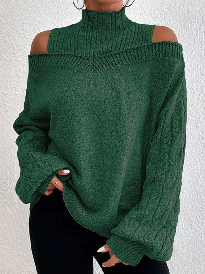 Damen nan schulterfreier Strickpullover mit Stehkragen und Zopfmusterärmeln Drune