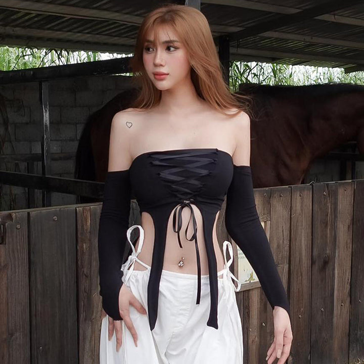 Damen elastisches Off-Shoulder Top mit aufwendiger Schnürung Drune